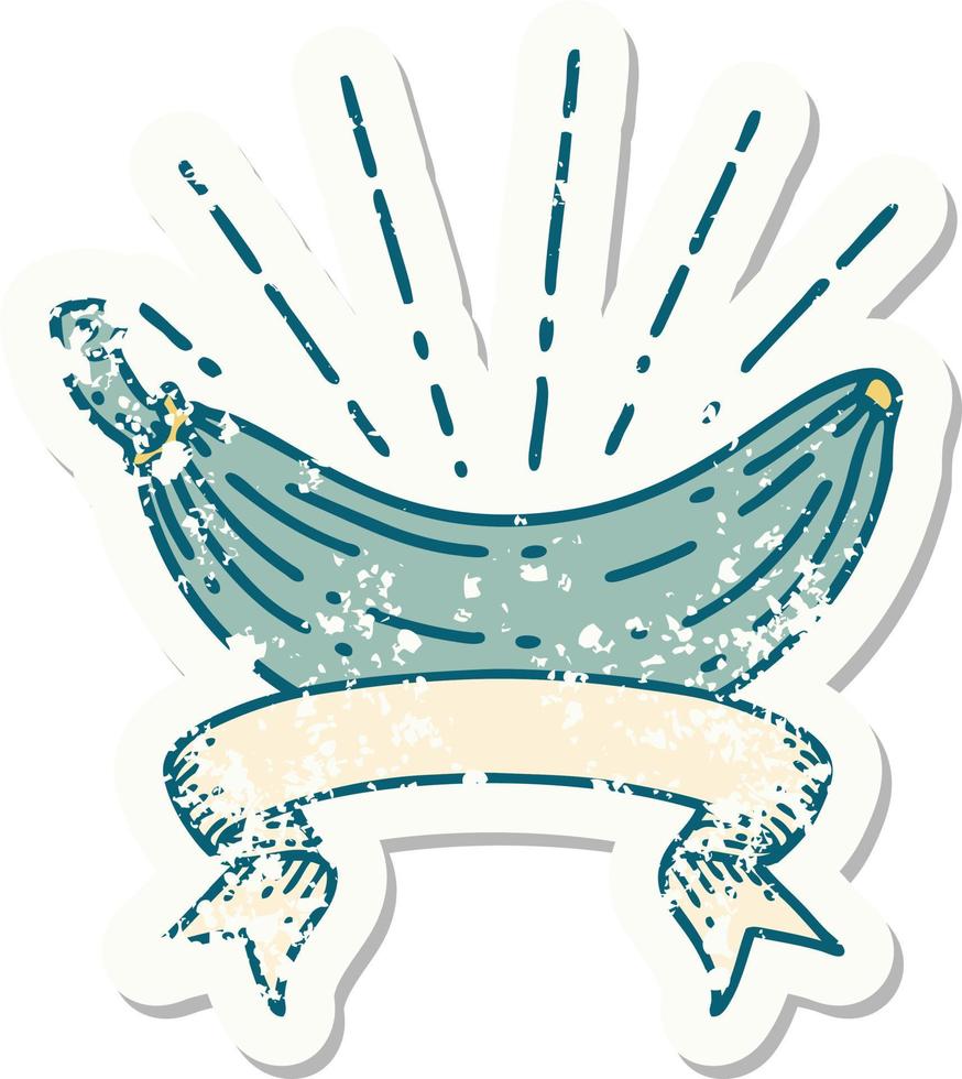 worn old sticker of a tattoo style banana vector