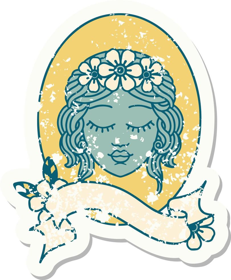 worn old sticker with banner of a maiden with eyes closed vector