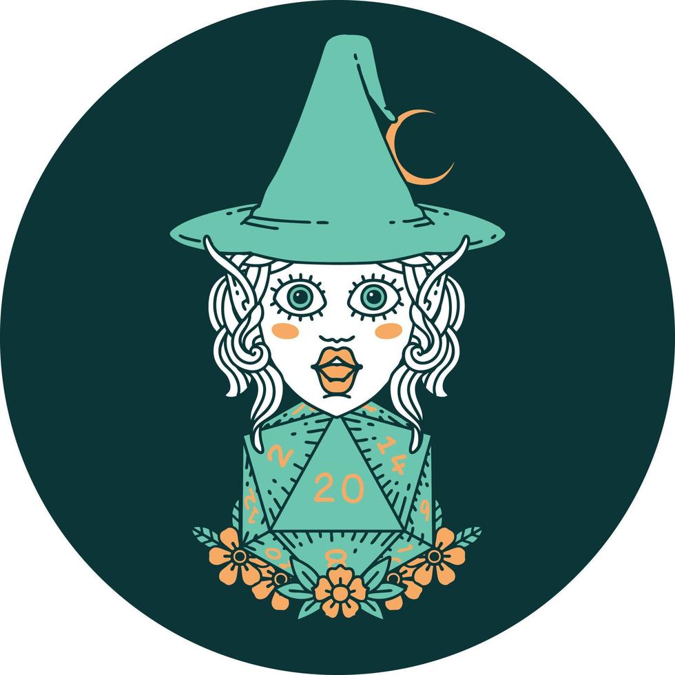 icon of elf mage character with natural twenty dice roll vector