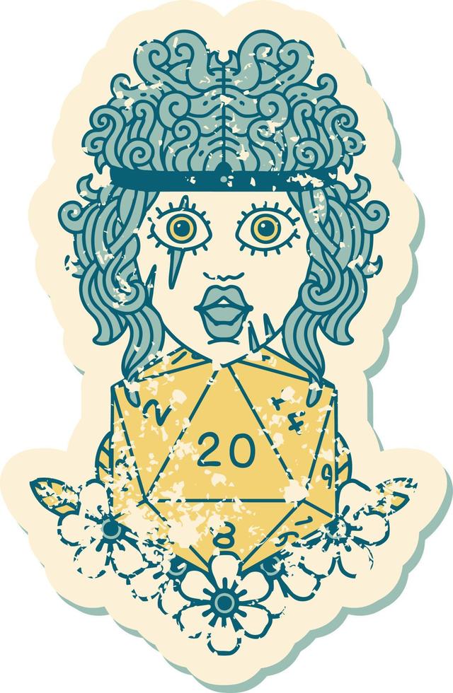 grunge sticker of a human barbarian with natural twenty dice roll vector