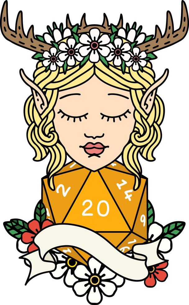 Retro Tattoo Style elf druid with natural twenty dice roll vector