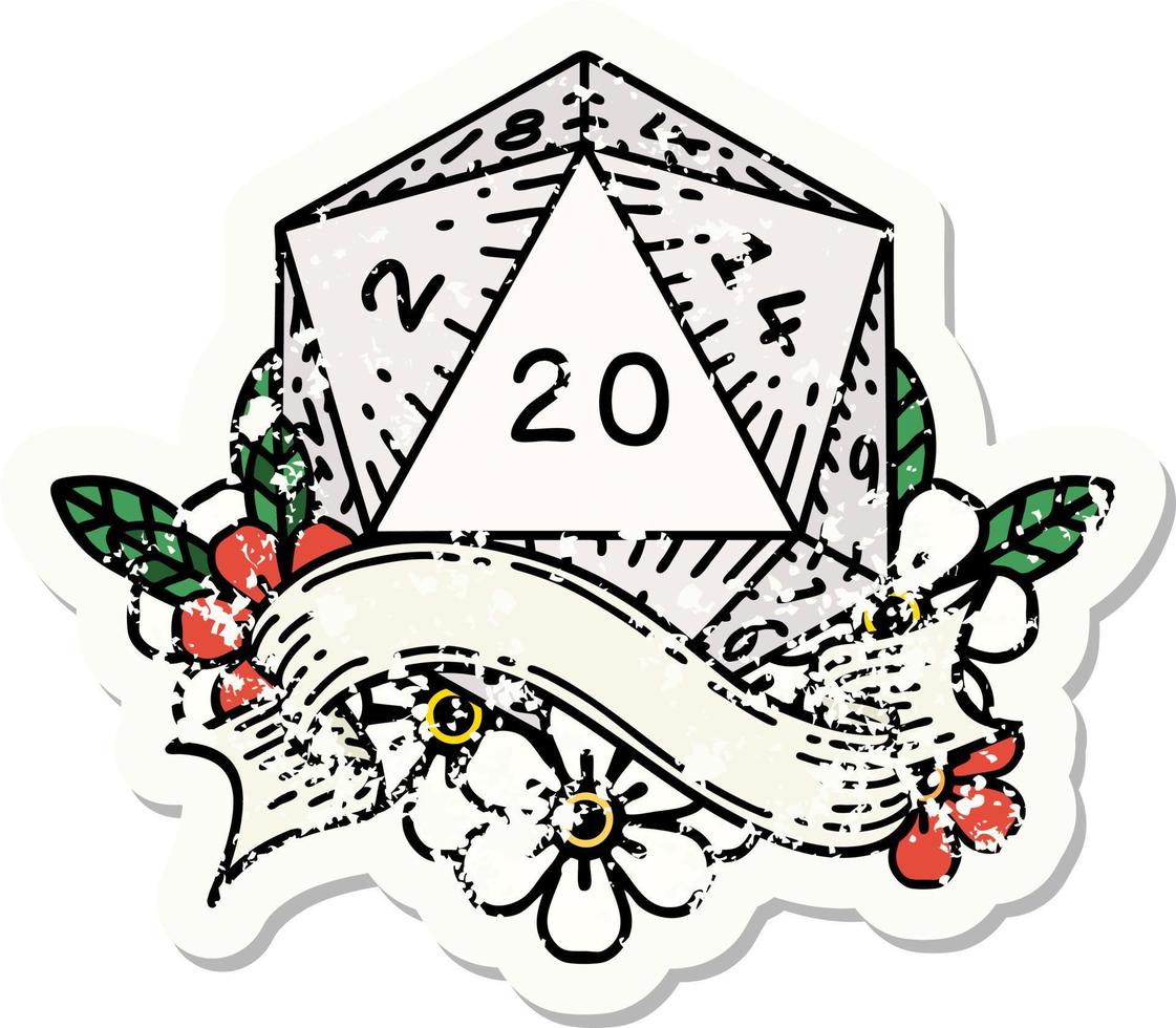 grunge sticker of a natural twenty D20 dice roll vector