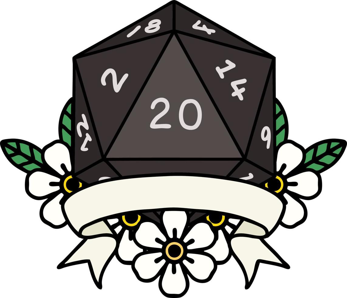 Retro Tattoo Style natural 20 critical hit D20 dice roll vector