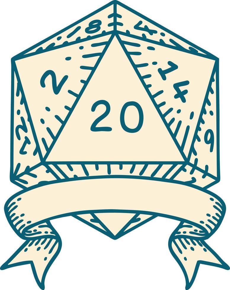 Retro Tattoo Style natural 20 critical hit D20 dice roll vector