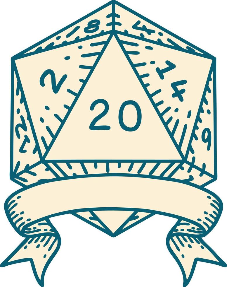 Retro Tattoo Style natural 20 critical hit D20 dice roll vector