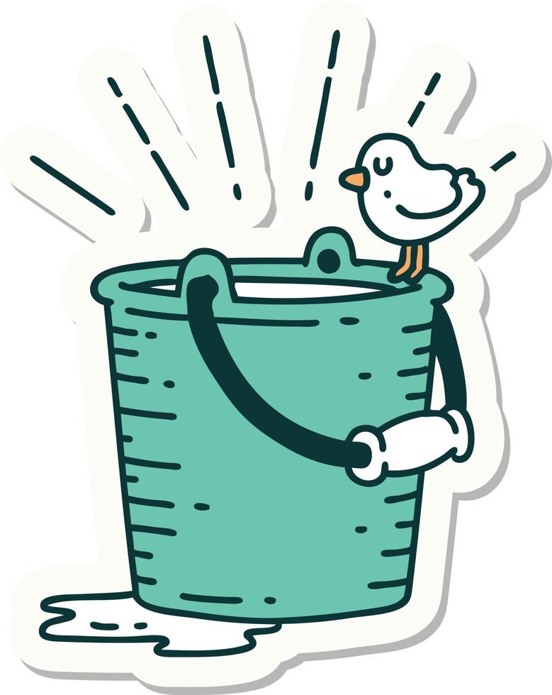 sticker of a tattoo style bird perched on bucket of water vector
