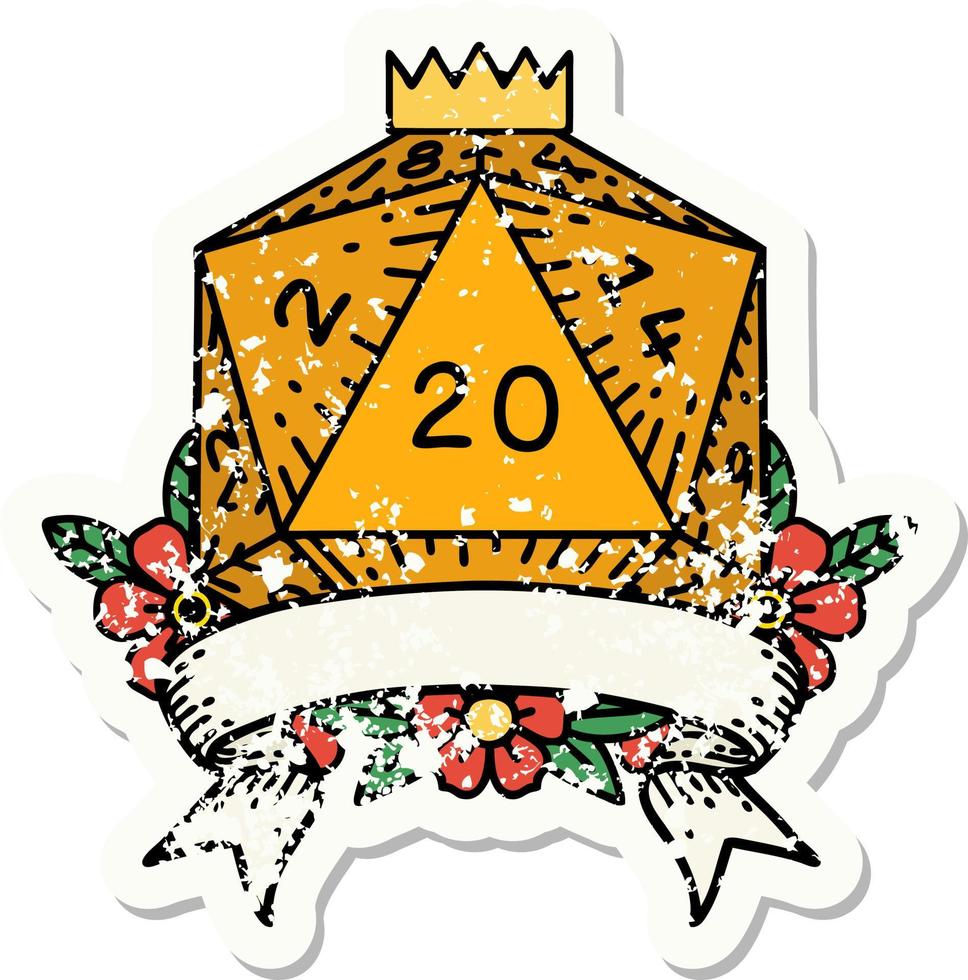 grunge sticker of a natural 20 critical hit D20 dice roll vector