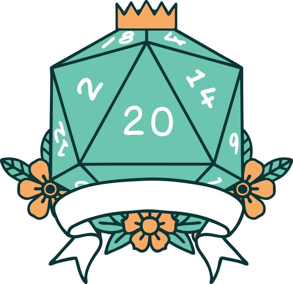 Retro Tattoo Style natural 20 critical hit D20 dice roll vector