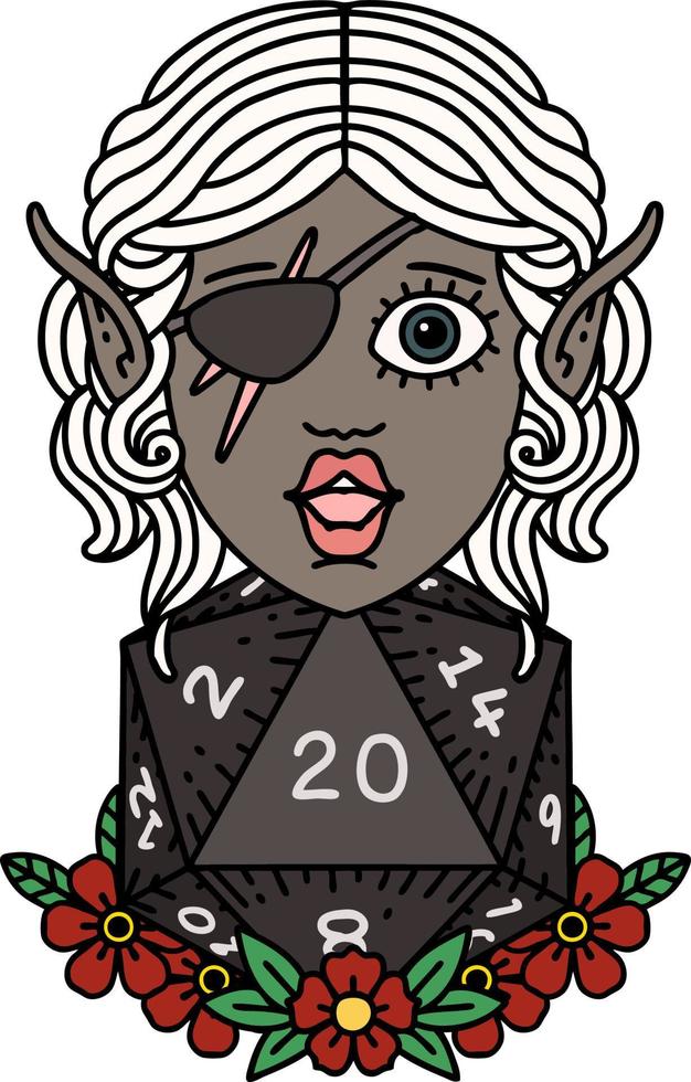 Retro Tattoo Style elf rogue character with natural twenty dice roll vector