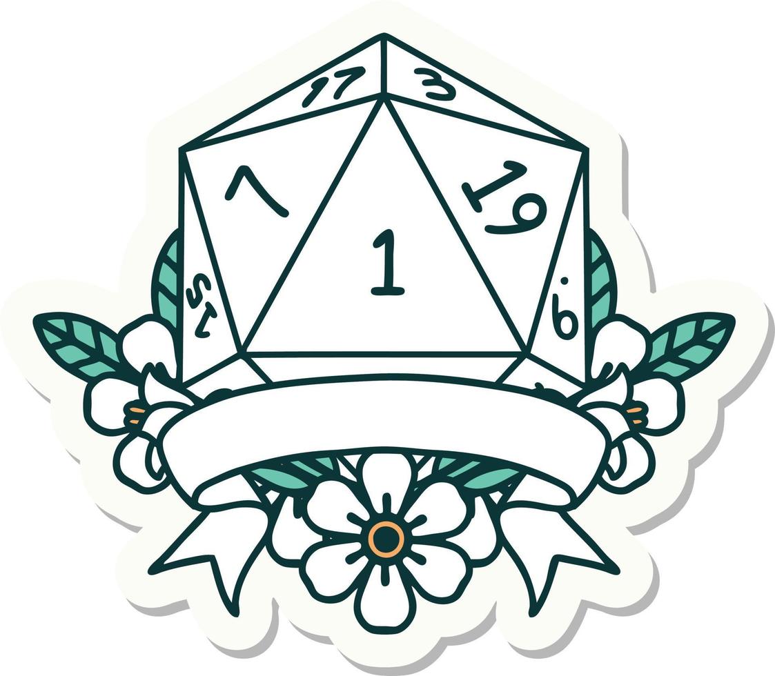 sticker of a natural one d20 dice roll vector