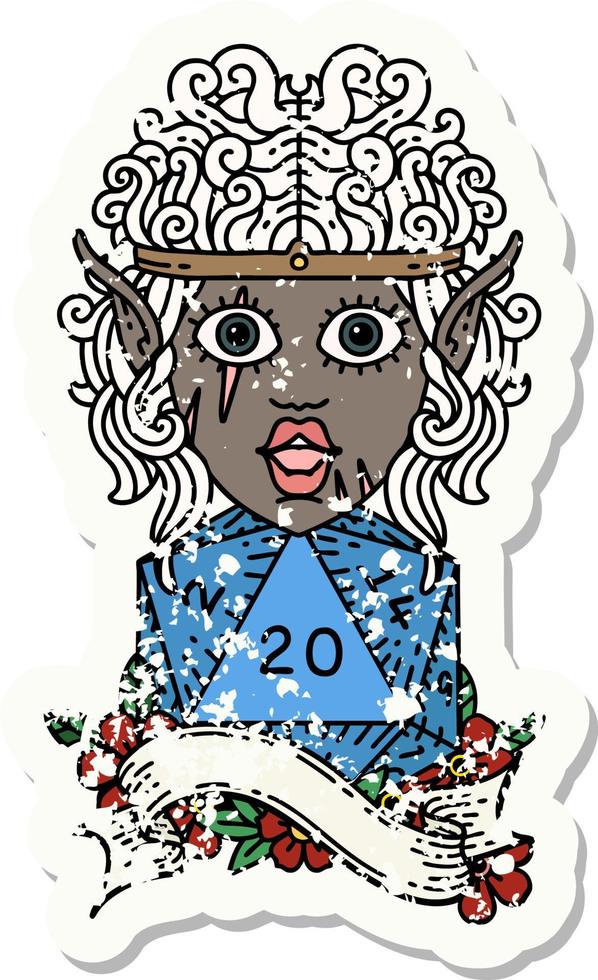 Retro Tattoo Style elf barbarian character with natural twenty dice roll vector