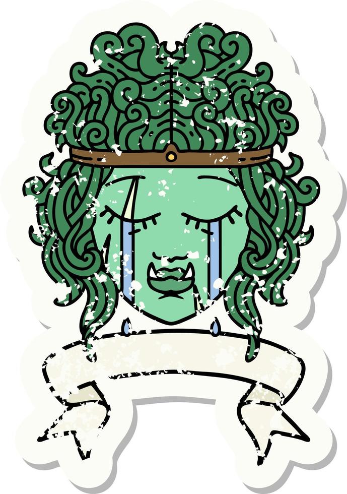 Retro Tattoo Style crying orc barbarian character face with banner vector