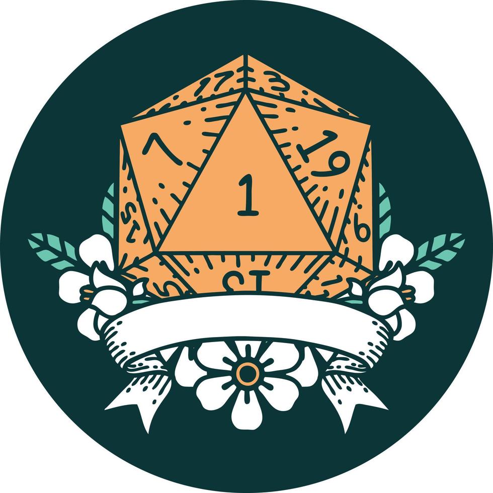 icon of natural one d20 dice roll vector