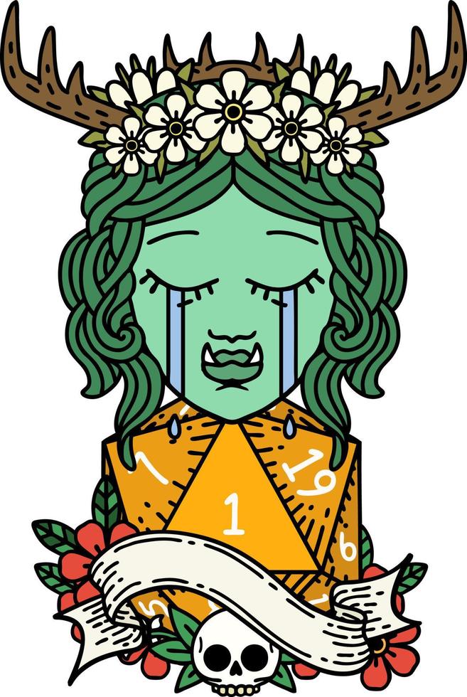 cara de personaje de druida orco llorando estilo tatuaje retro con un rollo d20 natural vector