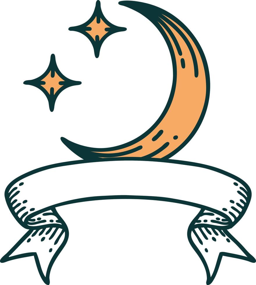 tatuaje tradicional con pancarta de luna y estrellas vector
