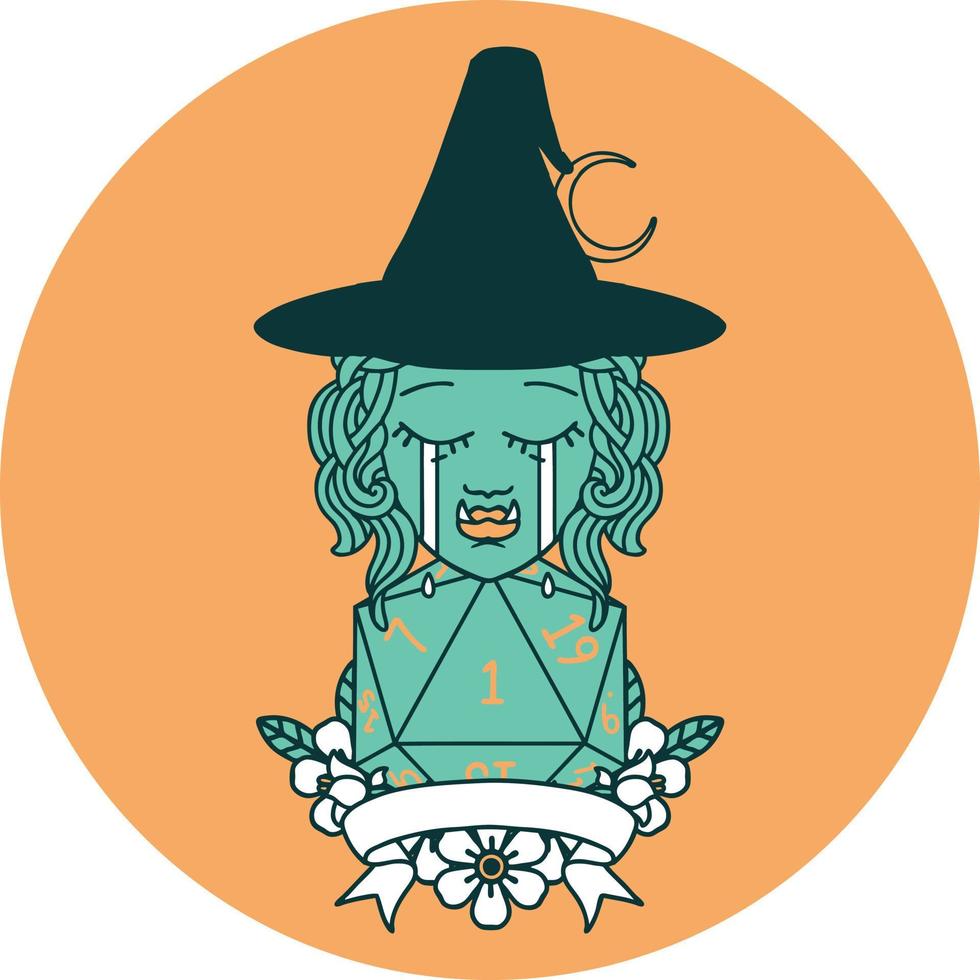 icono de personaje de bruja medio orco llorando con un rollo natural vector