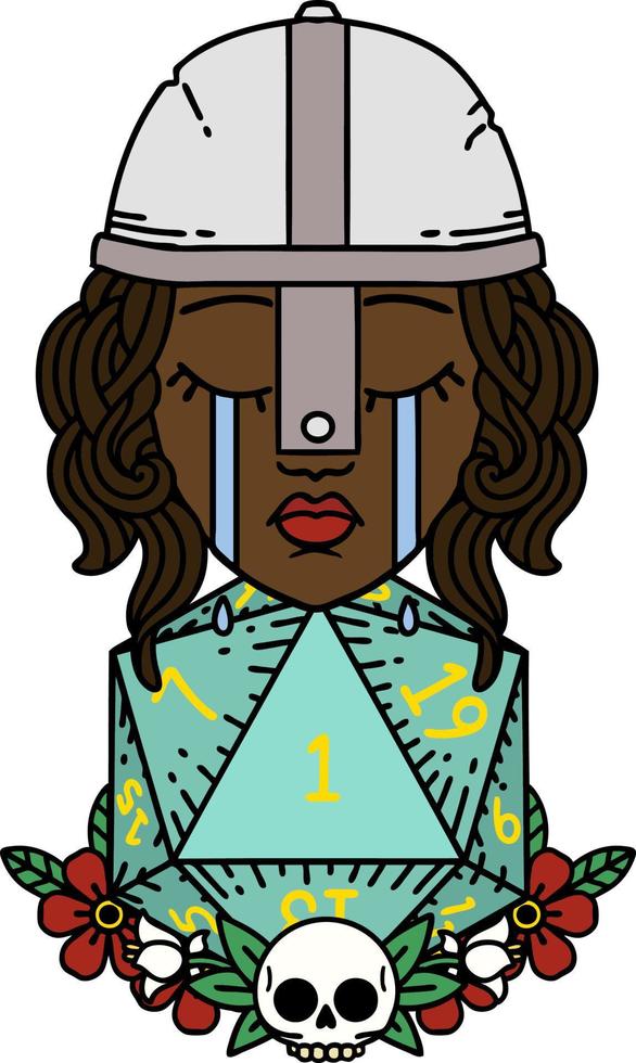 Retro Tattoo Style crying human fighter with natural one D20 roll vector