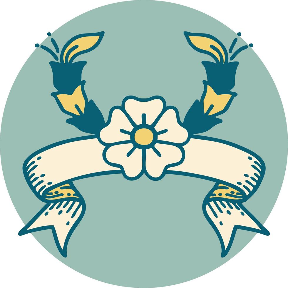 tattoo style icon with banner of a decorative flower vector