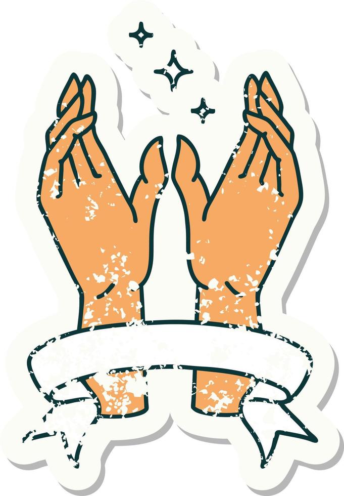 worn old sticker with banner of mystic hands vector