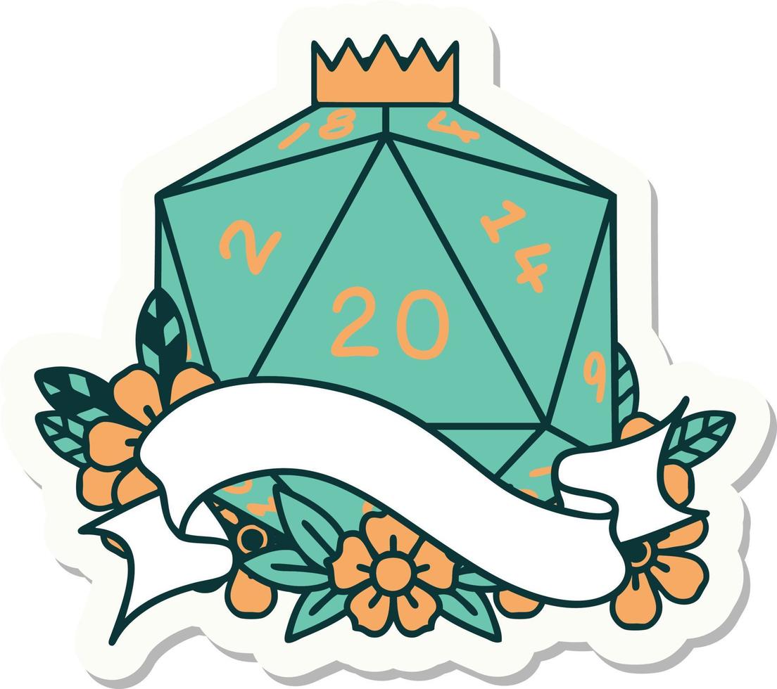 sticker of a natural twenty D20 dice roll vector