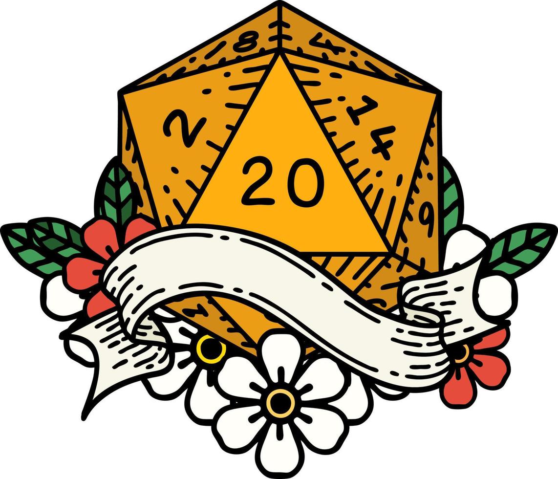 Retro Tattoo Style natural twenty D20 dice roll vector