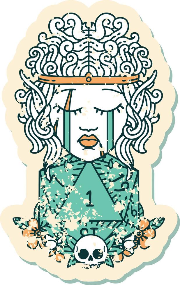 Retro Tattoo Style crying elf barbarian character with natural one D20 roll vector
