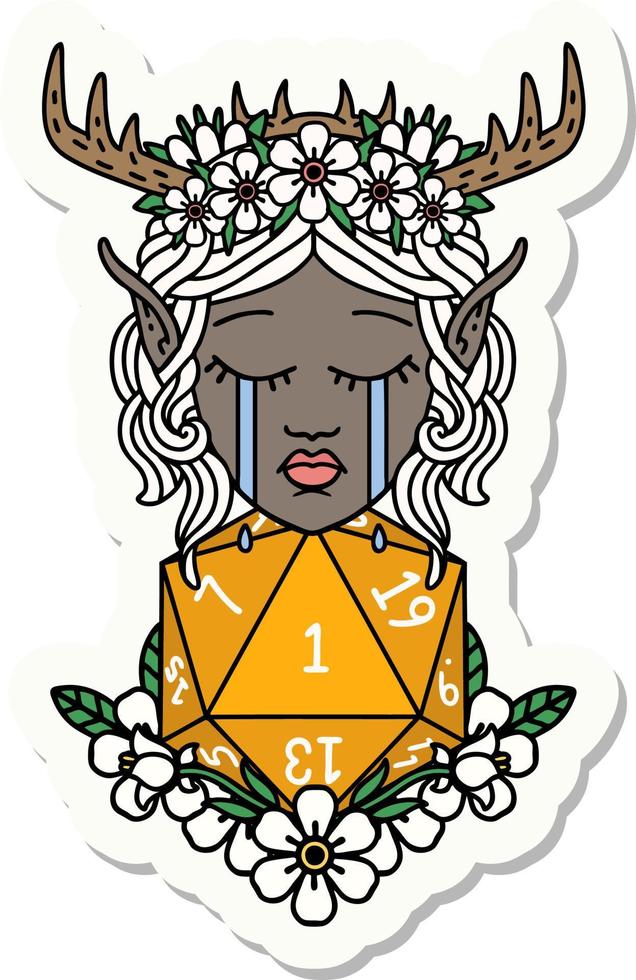 sticker of a crying elf druid character face with natural one D20 roll vector