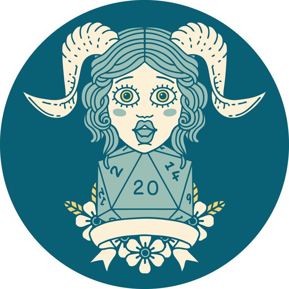 Retro Tattoo Style tiefling with natural twenty dice roll vector