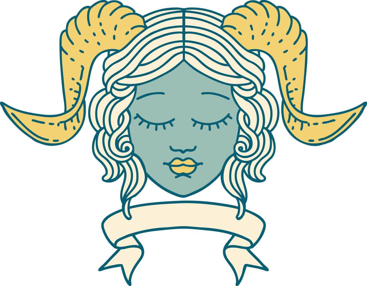 Retro Tattoo Style tiefling character face with scroll banner vector