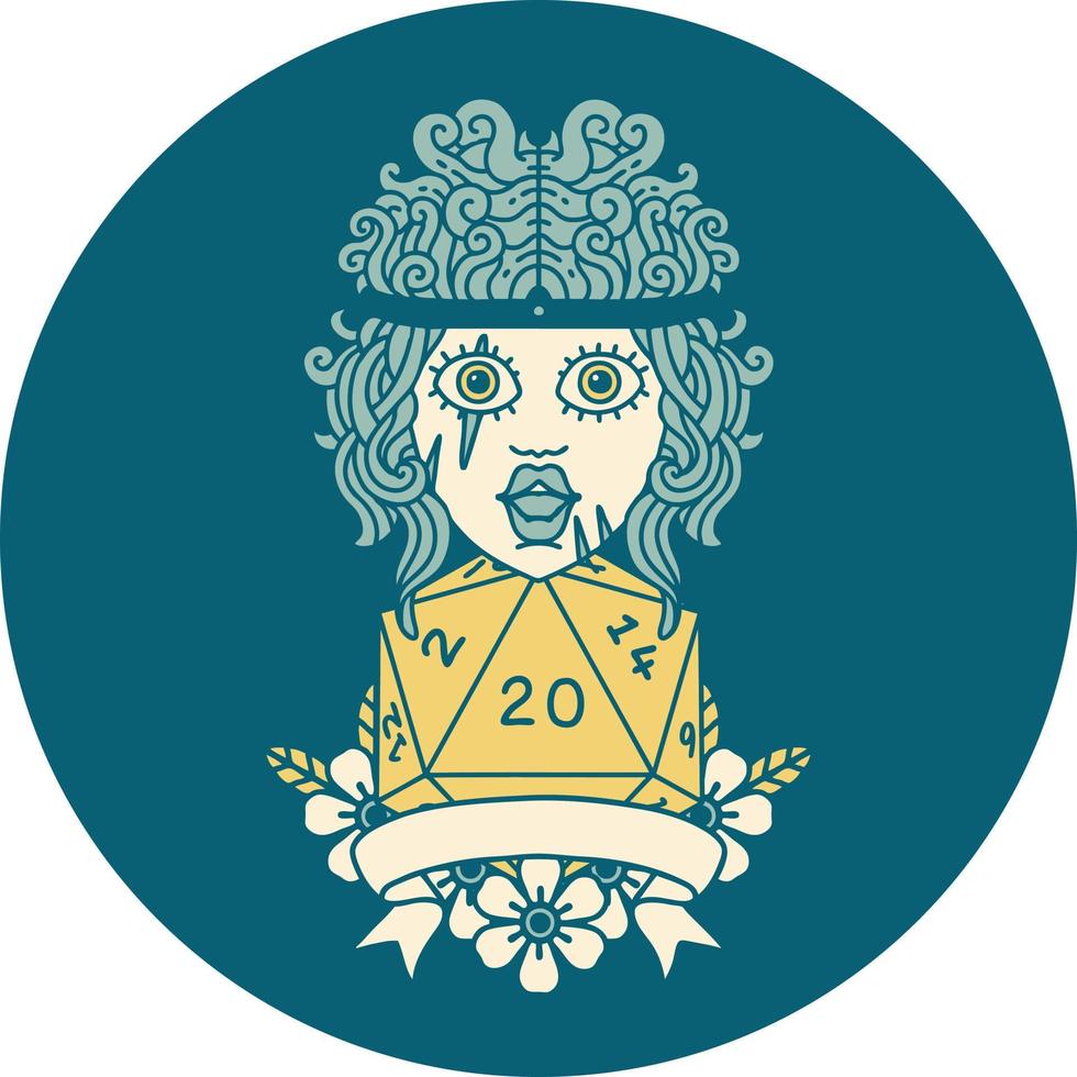 Retro Tattoo Style human barbarian with natural twenty dice roll vector