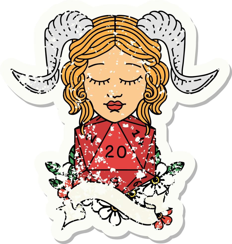 grunge sticker of a tiefling with natural twenty dice roll vector