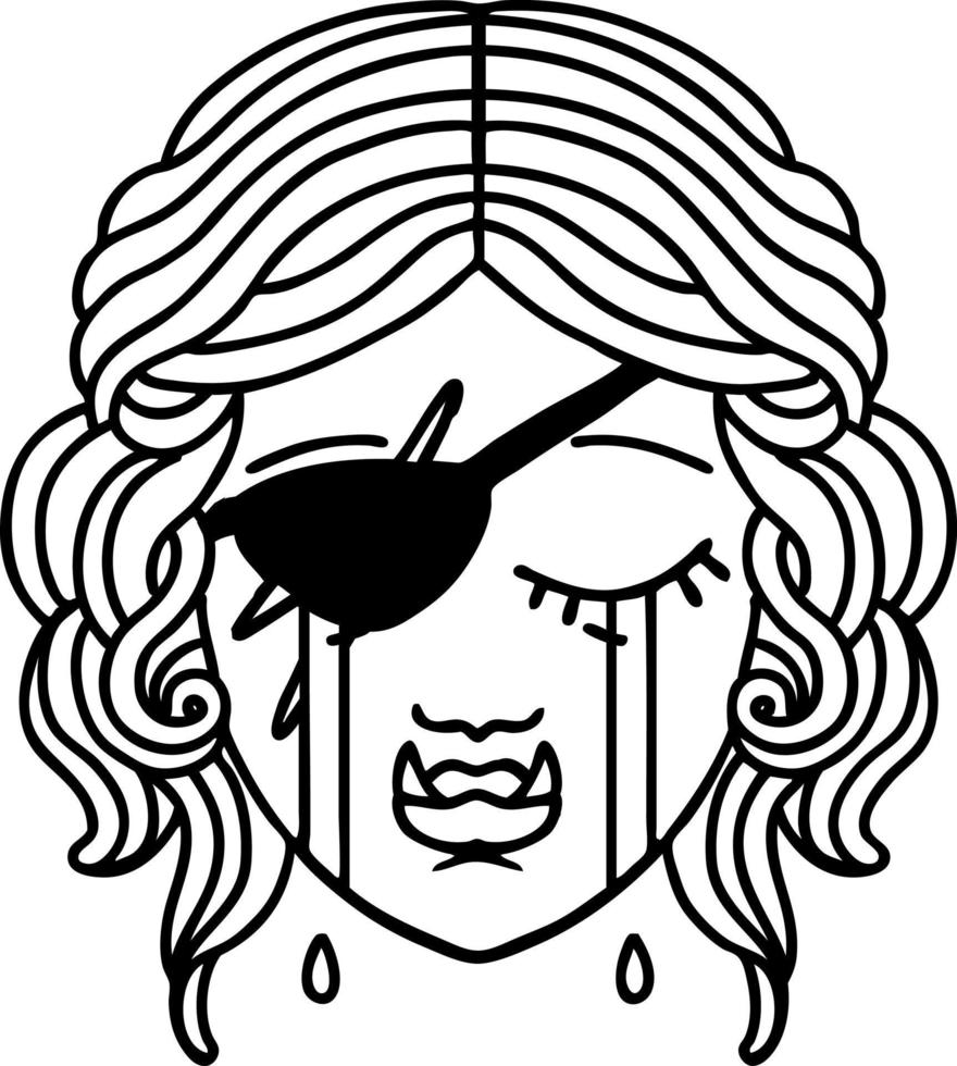 Black and White Tattoo linework Style crying half orc rogue character face vector