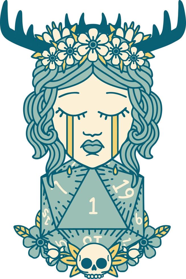 Retro Tattoo Style crying human druid with natural one D20 roll vector