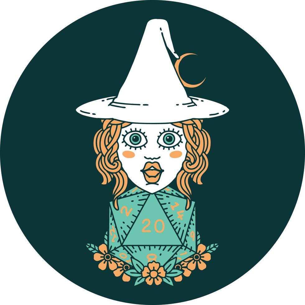 icon of human witch with natural twenty dice roll vector