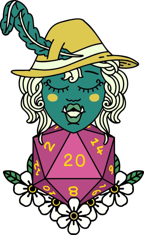 Retro Tattoo Style half orc bard with natural twenty dice roll vector