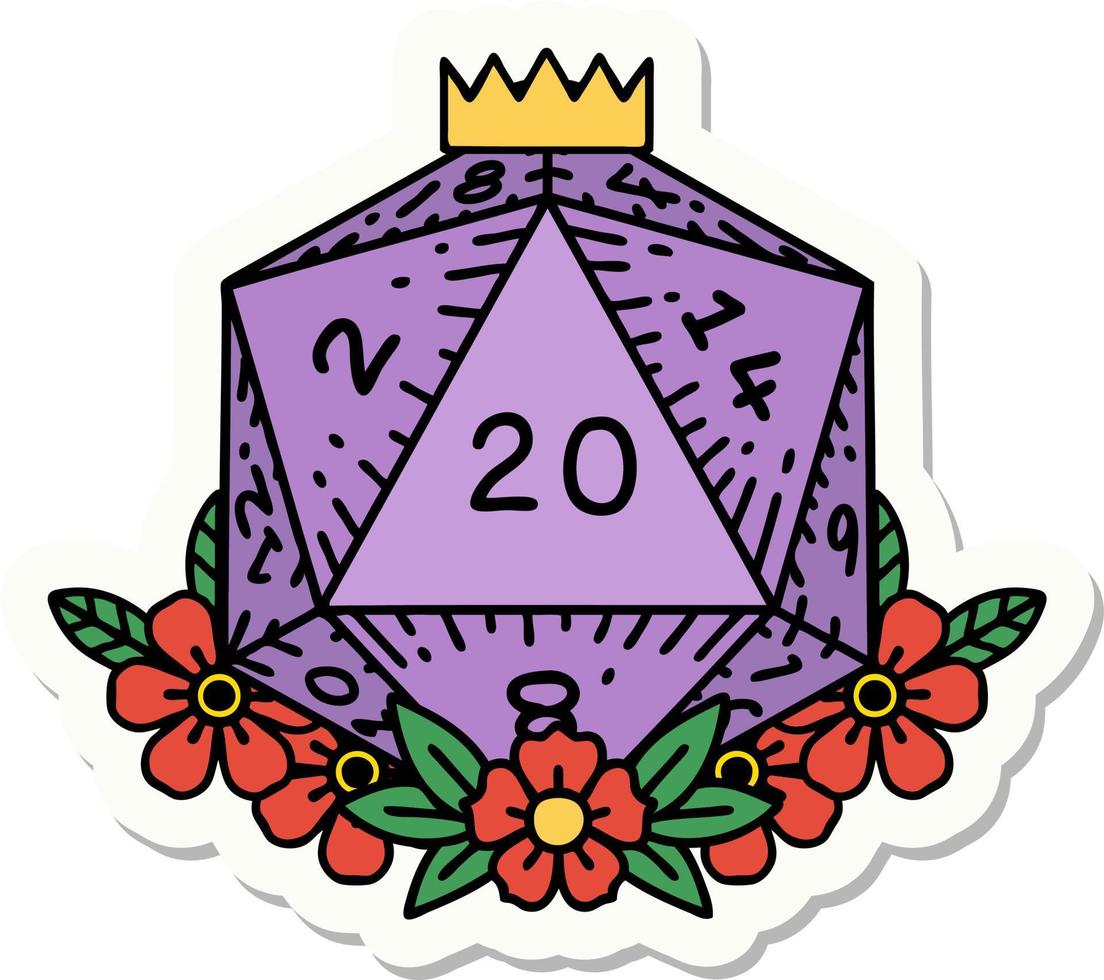sticker of a natural 20 D20 dice roll with floral elements vector