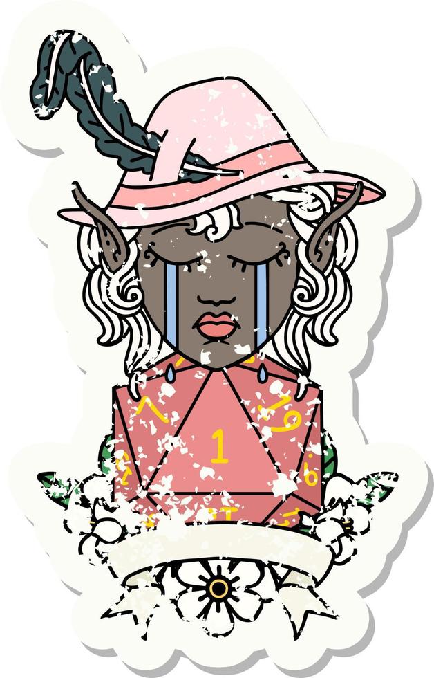 Retro Tattoo Style crying elf bard character with natural one D20 roll vector