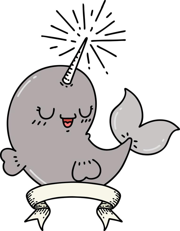 scroll banner with tattoo style happy narwhal vector