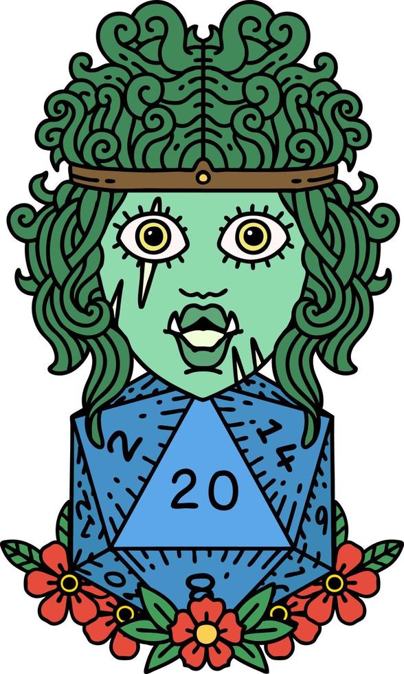 Retro Tattoo Style orc barbarian with natural twenty dice roll vector