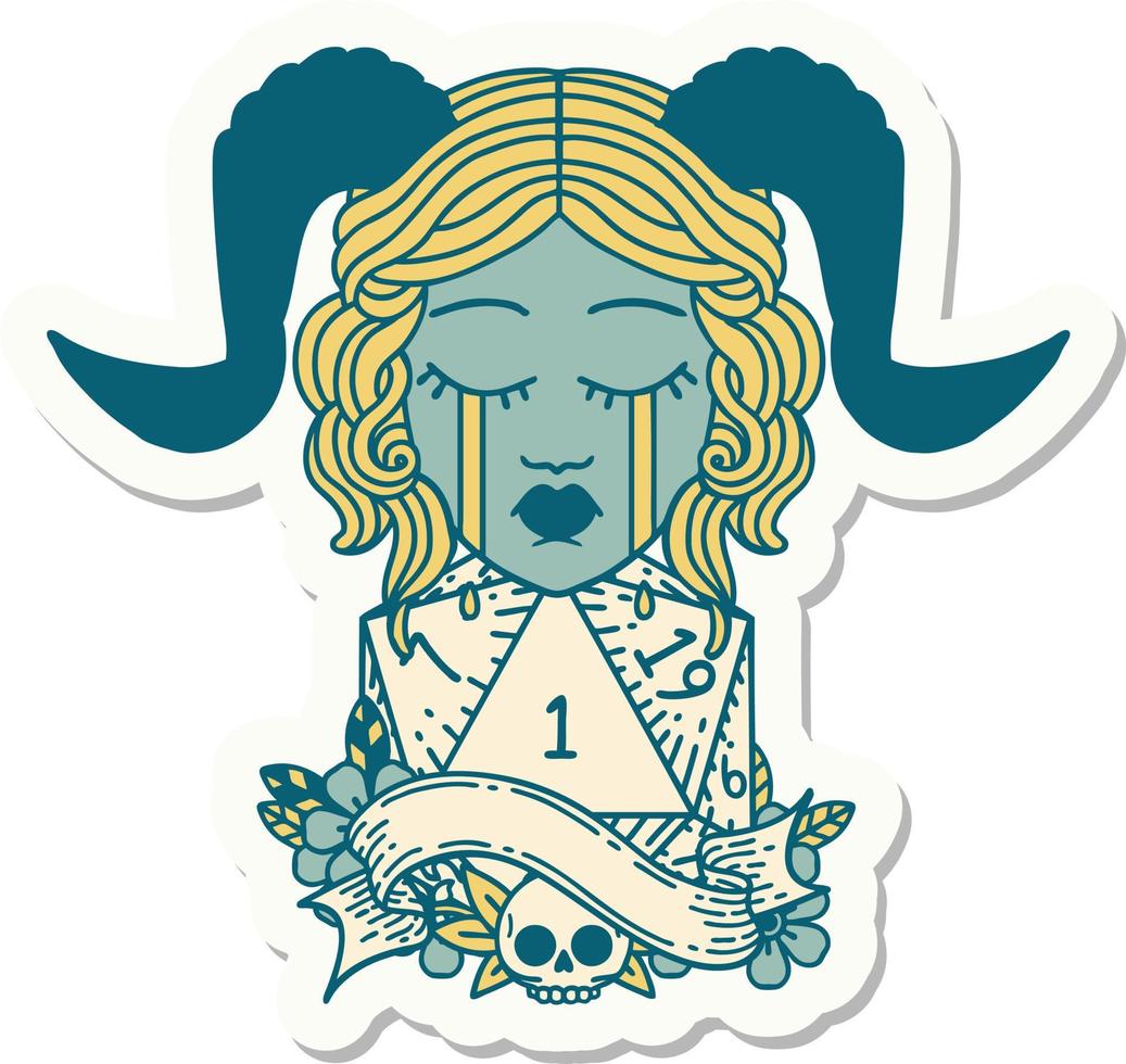 sticker of a crying tiefling with natural one D20 dice roll vector