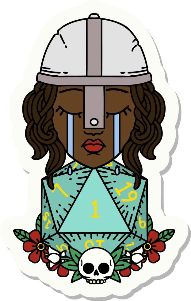 sticker of a crying human fighter with natural one D20 roll vector