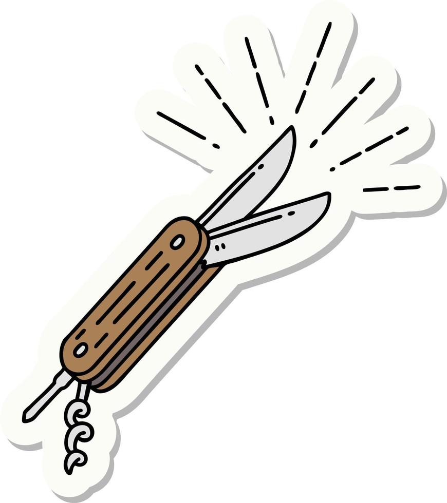 pegatina de un cuchillo plegable estilo tatuaje vector