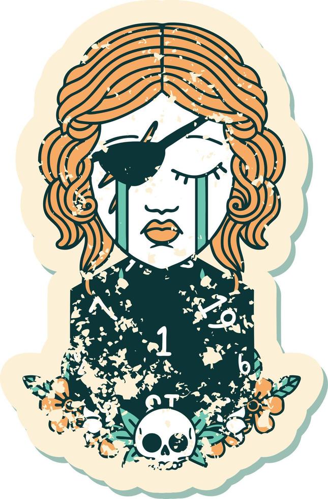 grunge sticker of a crying human rogue with natural one d20 roll vector