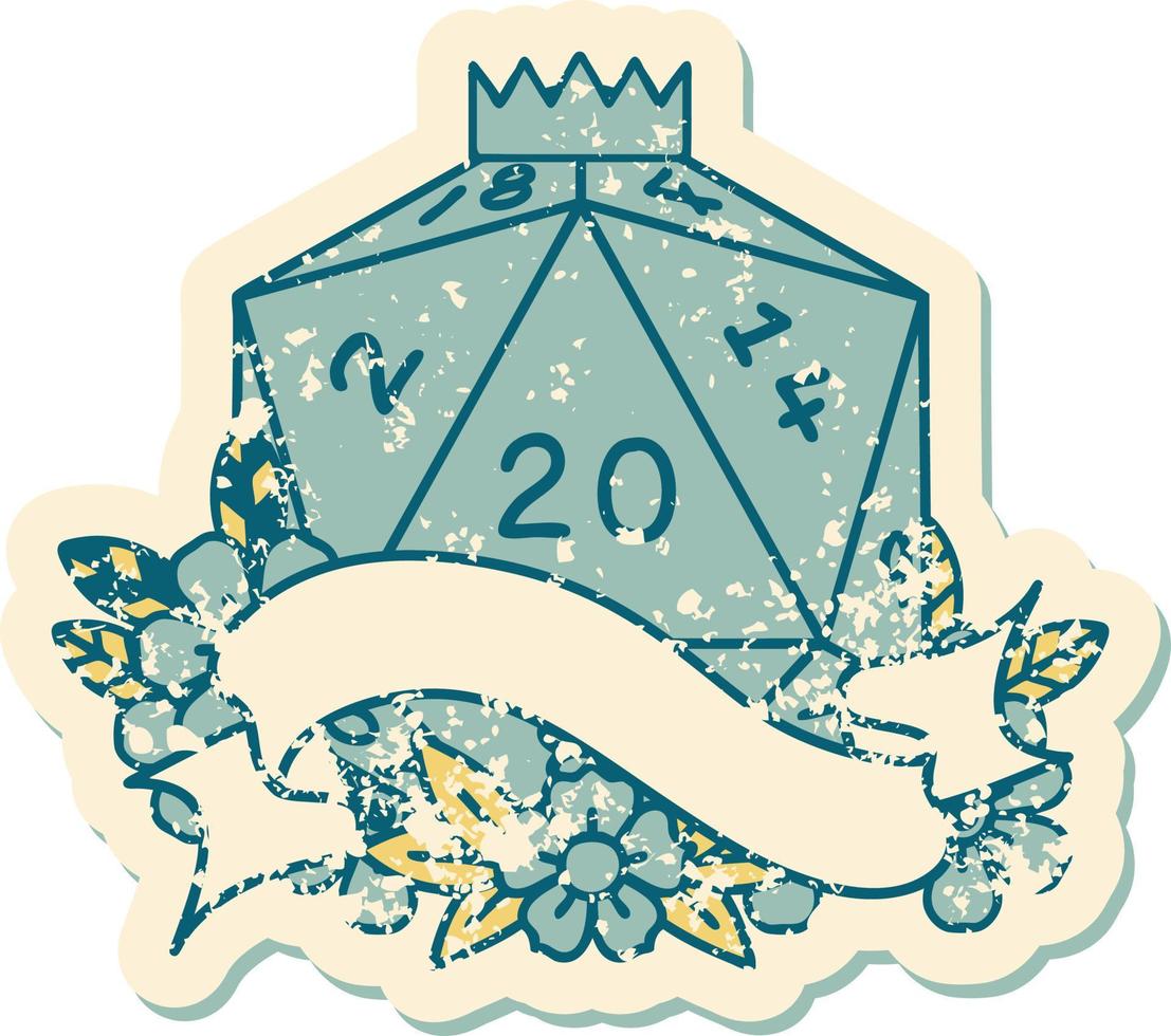 Retro Tattoo Style natural twenty D20 dice roll vector