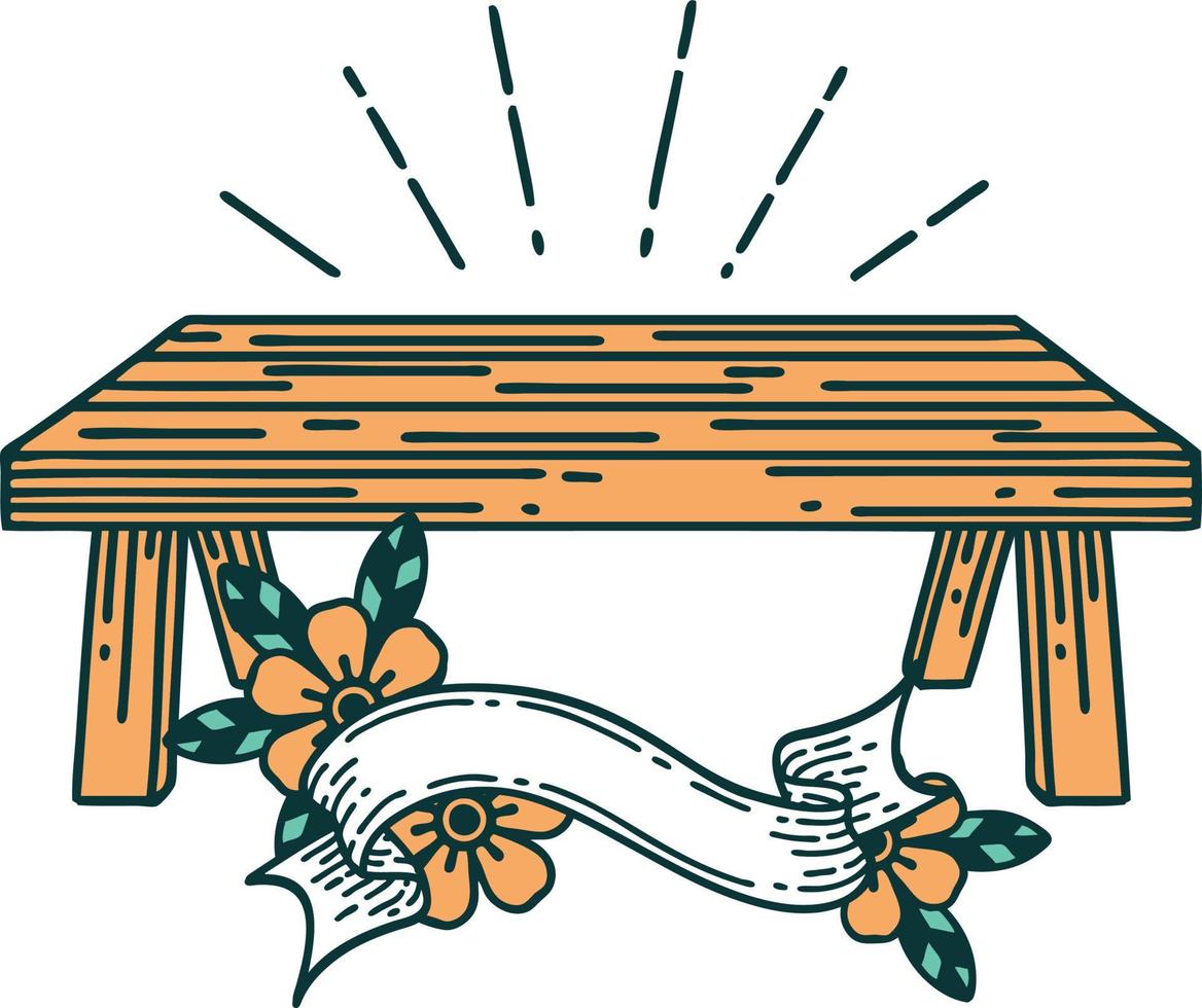 scroll banner with tattoo style wood table vector