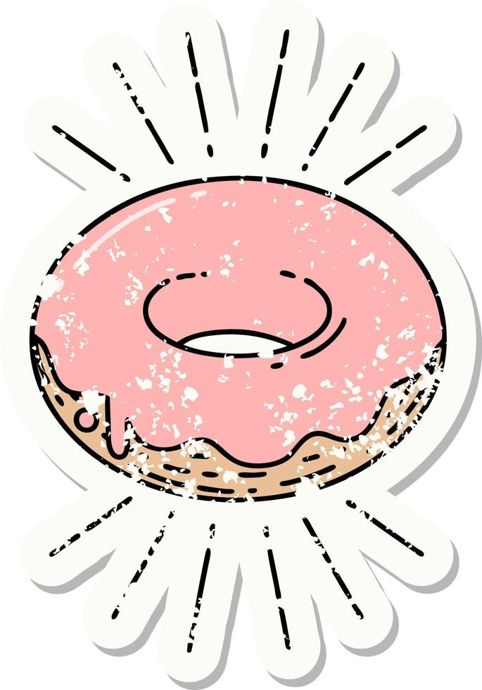 worn old sticker of a tattoo style iced donut vector