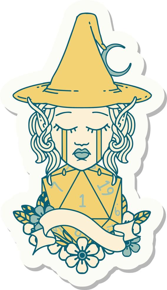 sticker of a crying elf mage character face with natural one D20 roll vector