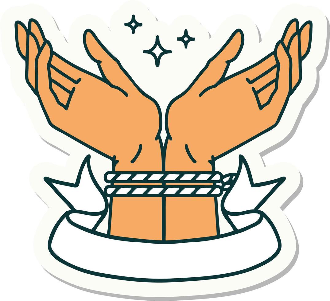 tattoo style sticker with banner of a pair of tied hands vector