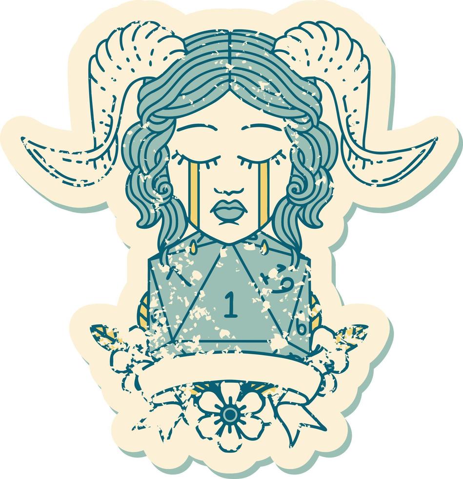Retro Tattoo Style crying tiefling with natural one D20 dice roll vector