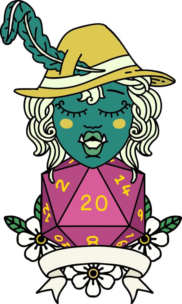 Retro Tattoo Style half orc bard with natural 20 dice roll vector